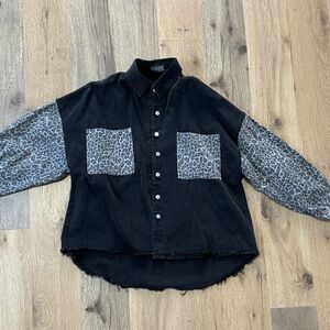 Black Denim Leopard Button Up Shirt